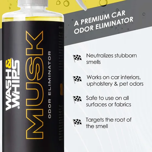 Vista 3 de WASH&WHIPS Musk - Eliminador de olores sin perfume, neutraliza los malos aromas, olores y humo del interior del automóvil, ropa, cuero, alfombras