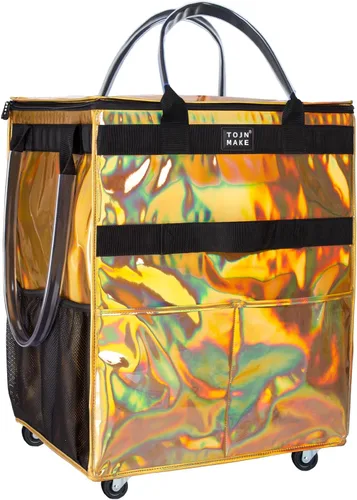 Vista 30 de Bolsa de comestibles reutilizable sobre ruedas, carrito de compras con 8 bolsillos y cubierta con cremallera, bolsa plegable con ruedas, asas