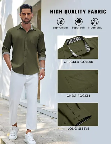 Vista 4 de COOFANDY Camisa de lino con botones para hombre, de manga larga, informal, para playa, con bolsillo
