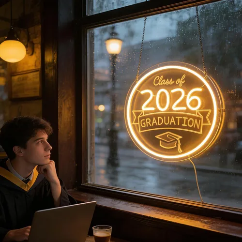 Vista 2 de Class of 2026 - Letrero de neón con texto en inglés "Congrats Grad" LED regulable USB Felicidades Graduación Cap Light Decoración de pared para sala