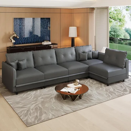 Vista 29 de LLappuil Sofá cama modular en forma de U de 6 plazas con almacenamiento, asiento profundo de piel sintética para sala de estar, impermeable y Negro