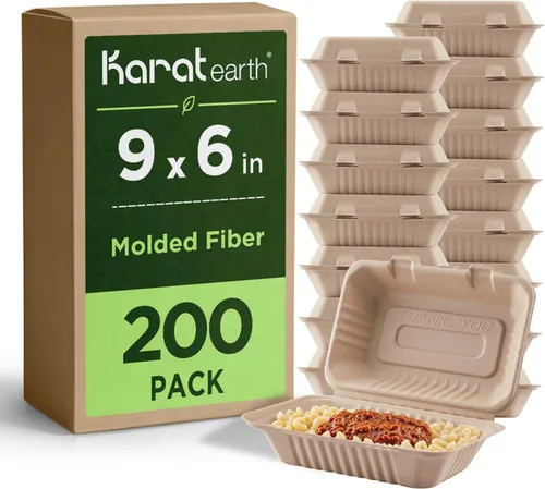 Vista 13 de KARAT EARTH Clamshell - Contenedores Take Out de comida para llevar [8"x8", 200 ct] - Contenedores compostables para llevar, bagazo biodegradable