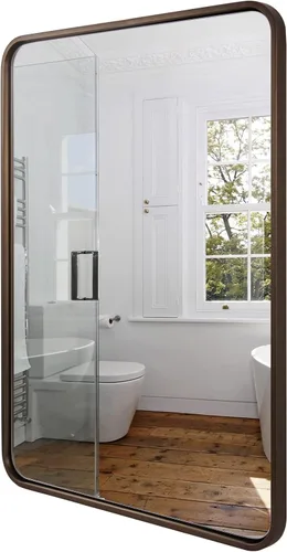 Vista 10 de Espejo de latón para baño, espejo rectangular redondeado de 22x30 pulgadas con marco de metal cepillado dorado, espejo de tocador de baño sin