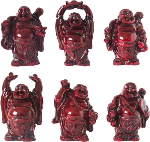 Vista 11 de Juego de 6 estatuas chinas de Buda de la suerte que ríe de resina, figuras de Buda feliz Feng Shui para la suerte, riqueza, buen regalo y colección
