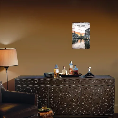 Vista 5 de Amsterdam Nl - Letrero de metal con diseño de paisaje de ciudad, retro, para hombre, cueva, bar, garaje, habitación, calle, decoración de pared, 8 x