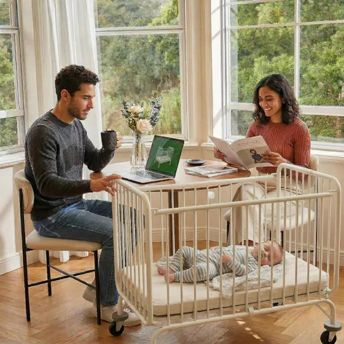 Vista 9 de L.A. Baby Deluxe Holiday Mini/Cuna plegable portátil de metal, color blanco Metal frame, locking caster wheels, tool-free fold, fits standard