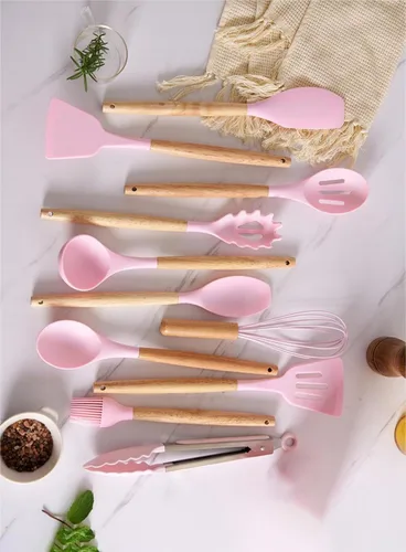 Vista 9 de Juego de utensilios de cocina y cuchillos de 19 piezas con bloque, 9 piezas de utensilios de cocina de silicona, 5 piezas afiladas de acero Beige