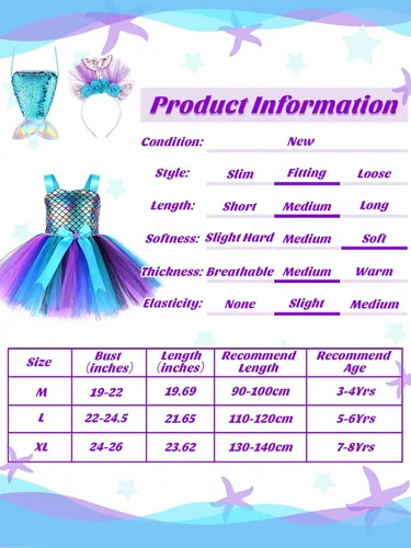 Vista 3 de Mermaid Birthday Outfits Mermaid Dress with Headband for Girls Mermaid Costume Tutu Skirt with Bag for Little Girls
