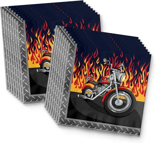 Vista 4 de Juego de suministros para fiesta de cumpleaños de motociclistas, platos, servilletas, vasos, vajilla para 16