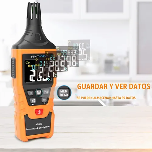 Vista 3 de Protmex PT618 Medidor de Temperatura y Humedad, Termómetro Higrómetro con Ambiente, Punto de Rocío, Bulbo Húmedo para Interior/Exterior MÍN, MÁX
