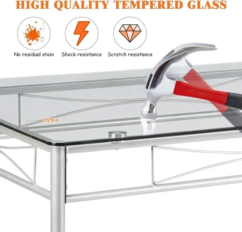 Vista 3 de Juego de mesa de comedor moderno para 4, juego de mesa de comedor con mesa de cristal, marco de metal y asiento de madera, mesa de cocina de 5