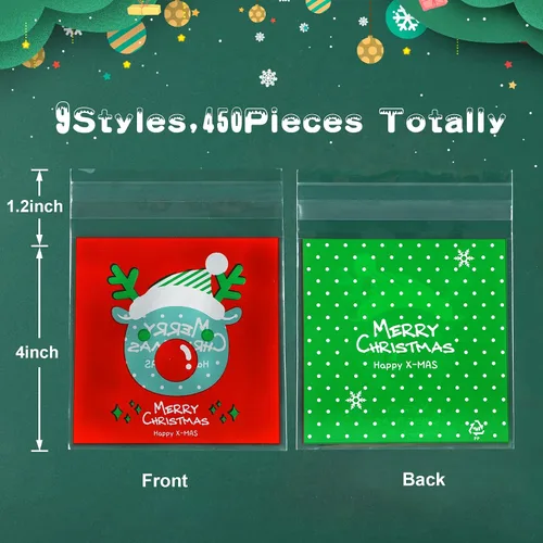 Vista 2 de FEBSNOW 450 bolsas de dulces de Navidad, bolsas autoadhesivas de celofán, bolsas de plástico para galletas para Navidad, fiestas, regalos