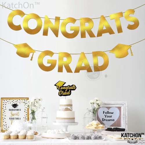 Vista 7 de KatchOn, Banner de graduación de felicitaciones doradas y negras con purpurina, 10 pies, pancarta de graduación dorada y negra, guirnalda de gorra