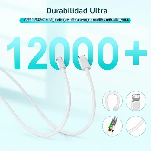 Vista 3 de Cargador rápido para iPhone, cable USB C a Lightning de carga rápida extra largo de 10 pies con bloque de cargador USBC para iPhone 14/Pro/Pro