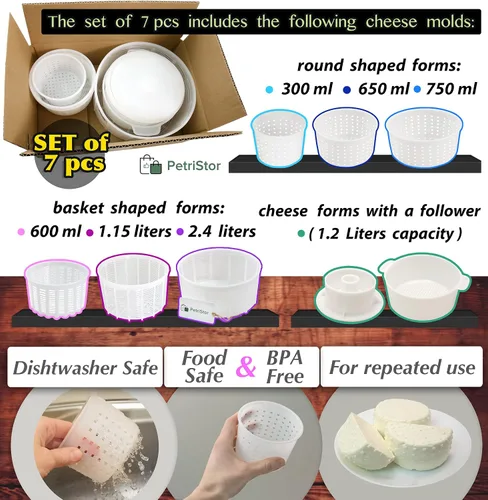 Vista 2 de PetriStor Kit de 7 piezas para hacer quesos para principiantes №1 – Moldes de queso suave + molde de queso con un pistón seguidor – Suministros