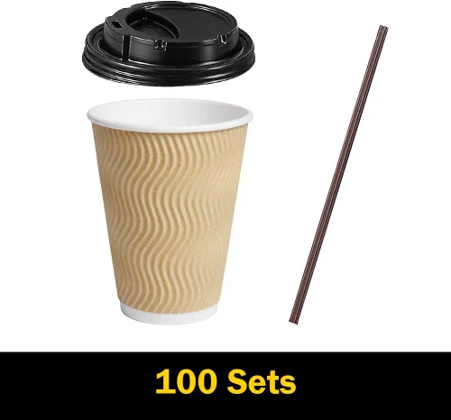Vista 7 de SPRINGPACK Tazas de café de papel desechables con tapas, paquete de 100 tazas de café con aislamiento de pared ondulada de 12 onzas para bebidas