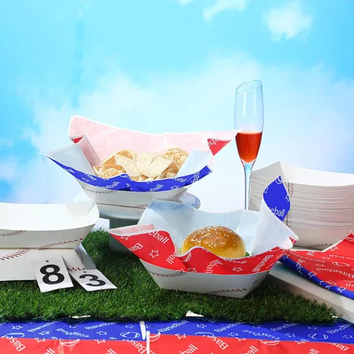 Vista 4 de Marsui Juego de 100 suministros de fiesta de baloncesto, golf, sóftbol, fútbol, béisbol, bandejas, alimentos, barcos con hojas de papel encerado