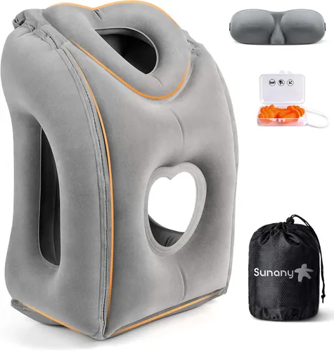 Vista 12 de Sunany Almohada de viaje, almohada inflable para el cuello utilizada para aviones/coches/autobuses/trenes/siesta de oficina con máscara de Negro