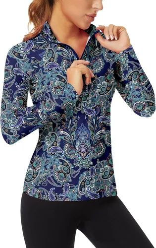 Vista 9 de WOWENY - Camiseta de manga larga con cremallera de 1/4 para mujer, con cuello, para hacer deporte, con estampado, para tenis Hoja multicolor.