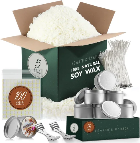 Vista 10 de Hearth & Harbor Cera de soja natural y suministros para hacer velas de bricolaje – 5 libras de copos de cera de soja, latas de vela con tapa