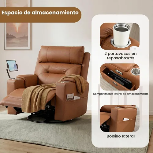 Vista 4 de Sillón reclinable giratorio eléctrico con reposacabezas y lumbar ajustables Marrón
