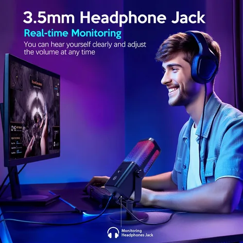 Vista 5 de VCOM - Micrófono USB para PC, micrófono RGB para juegos con botón de silencio, control de ganancia, conector de auriculares de monitoreo de 3.5 mm
