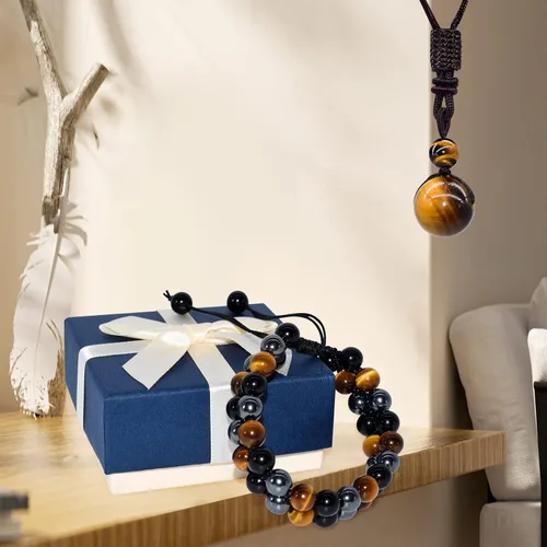 Vista 5 de Pulsera de triple protección, hecha a mano, pulsera de cristal para hombres y mujeres, cuentas de ojo de tigre, hematita y obsidiana negra, piedra
