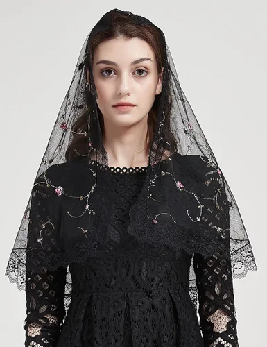 Vista 3 de FANFAN Encaje Rosa Flor Mantilla Capilla Velo Católico Chal Envoltura Y018