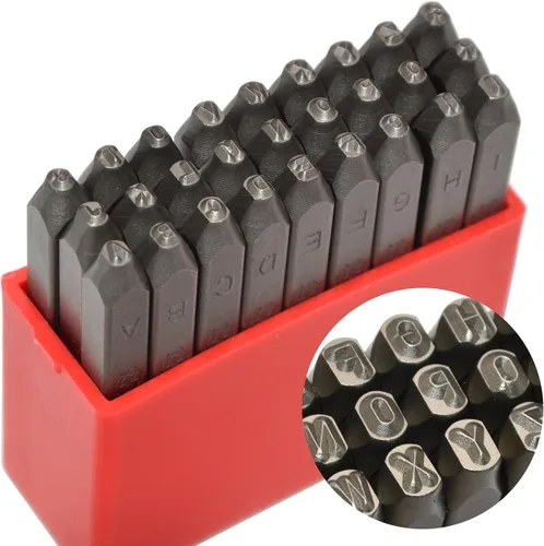 Vista 16 de Juego de 27 sellos de acero resistente con letras mayúsculas de 3/64" 1mm, kit de punzones de alfabeto para estampado a mano de caracteres, código