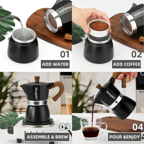 Vista 5 de Mongdio Cafetera de café expreso Moka Pot, cafetera cubana, cafetera de estufa Moka Italian Espresso Greca, cafetera percoladora, 3 tazas de Negro