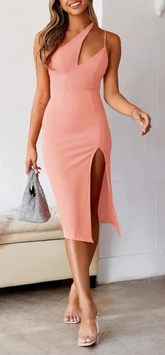Vista 5 de Vestido midi de cóctel ajustado con un hombro y cuello asimétrico con abertura alta para mujer