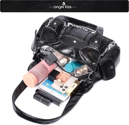 Vista 5 de Angelkiss - Bolsos y bolsos de mano para mujer de cuero vegano lavado bolso cruzado estilo hobo