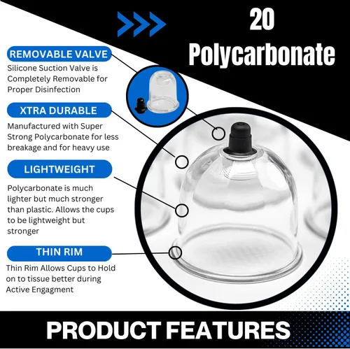 Vista 3 de Cupping Warehouse Juego de terapia de ventosas de policarbonato Poly Cups™ de 20 piezas Duradero y ligero PT, kit de ventosas miofasciales