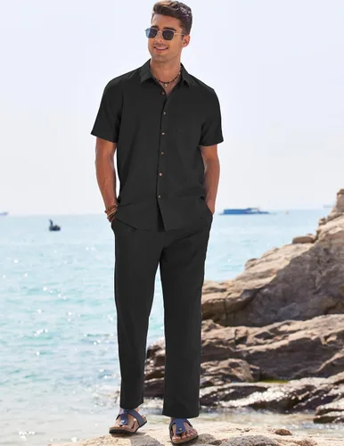 Vista 2 de COOFANDY Conjunto de 2 piezas de lino para hombre, conjunto de camisa y pantalón con botones para la playa