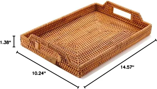 Vista 7 de YANGQIHOME Bandeja de ratán tejida a mano de 14.6 pulgadas con asas, bandeja rectangular de mimbre para mesa de café, desayuno, bebidas, frutas