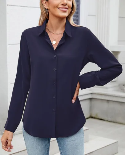 Vista 2 de Camisa de manga larga con botones para mujer, ultra suave, elástica, sin arrugas, para trabajo, casual, negocios, oficina