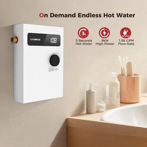 Vista 2 de CAMPLUX Calentador de Agua Eléctrico Sin Tanque de 8kW 240 Voltios, Calentador de Agua Caliente Instantáneo Bajo Demanda con Automodulación