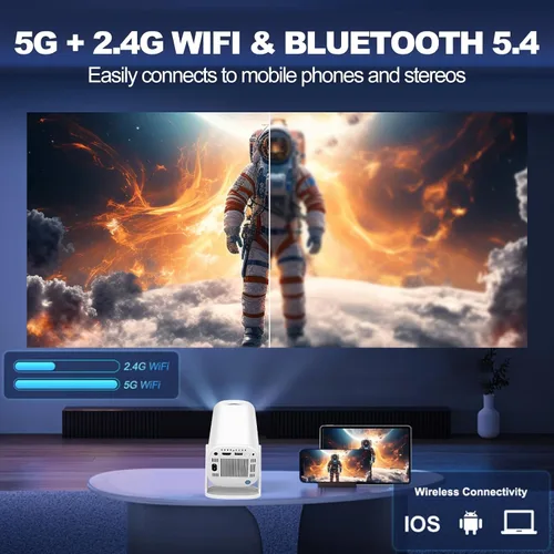 Vista 3 de Mini proyector con WiFi6 y Bluetooth, proyector portátil de películas para el hogar inteligente 4K 1080P, proyector inteligente giratorio de 180°