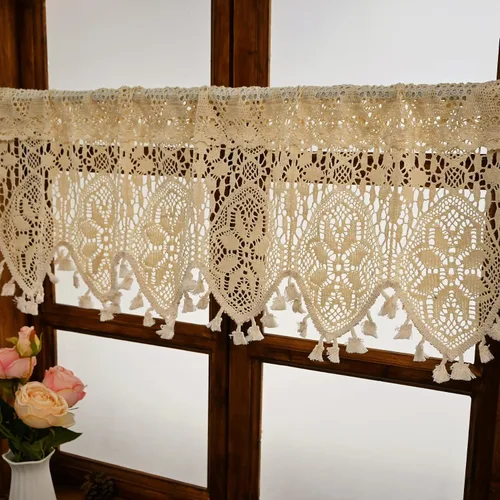 Vista 3 de Cenefa de cortina de ganchillo retro para ventana de cocina, cortinas bohemias para decoración de café, bolsillo para barra, cortinas cortas