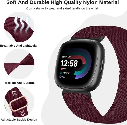 Vista 3 de Paquete de 4 correas elásticas de nailon, compatibles con Fitbit Versa 4/Fitbit Versa 3/Fitbit Sense 2/Fitbit Sense, correa ajustable suave