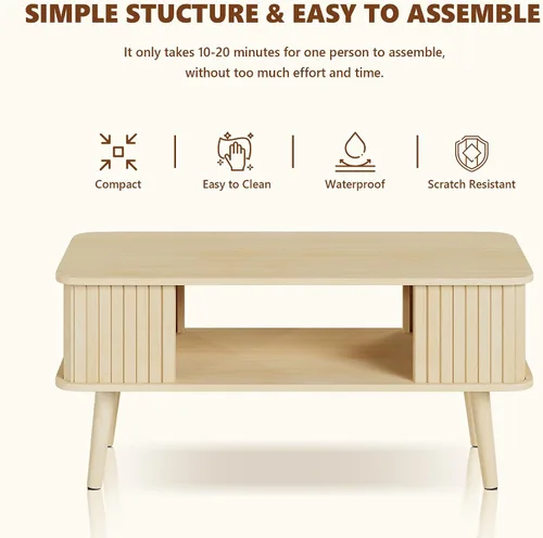 Vista 16 de Mesa de café LAZZO con almacenamiento mesa central para sala de estar mesa de café rectangular con bordes redondeados, fácil montaje, madera natural