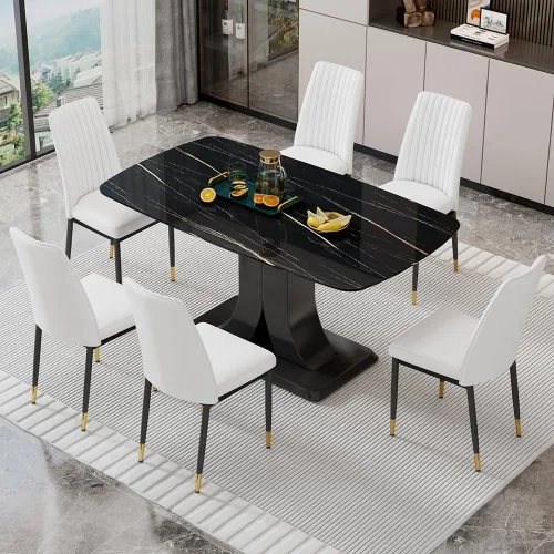 Vista 20 de Juego de mesa de comedor moderno para 6, juego de mesa de cocina y sillas de mármol para 6, mesa de cocina rectangular con 6 sillas tapizadas