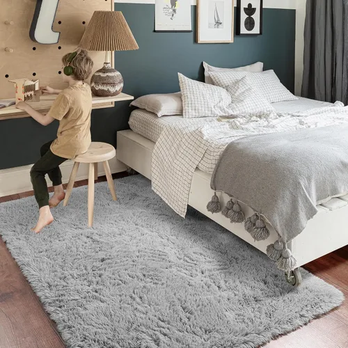 Vista 6 de Alfombra gris claro para dormitorio, 5 x 7 pies, esponjosa, peluda, rectangular, para sala de estar, para habitación de niños, para cuarto de bebé
