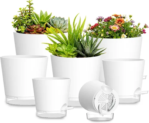 Vista 15 de Macetas de riego automático de 4 pulgadas, paquete de 6 macetas de plástico con agujeros de drenaje y platillos transparentes, macetas de plástico