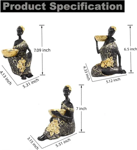 Vista 5 de Lescafita Juego de 3 Portavelas de Dama Africana – Figuras de Resina con Cuencos Dorados para Velas de Té o Velas de Pilar Pequeñas – Estatuas