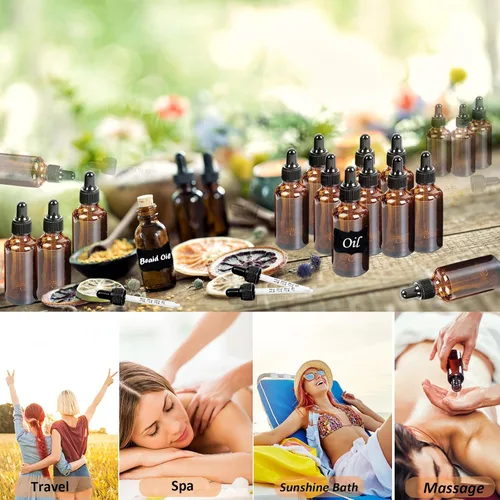 Vista 7 de Paquete de 20, botella cuentagotas de vidrio ámbar de 2 onzas con cuentagotas medido, embudos Essential Oil Tincture Bottles,60ml Brown Glass