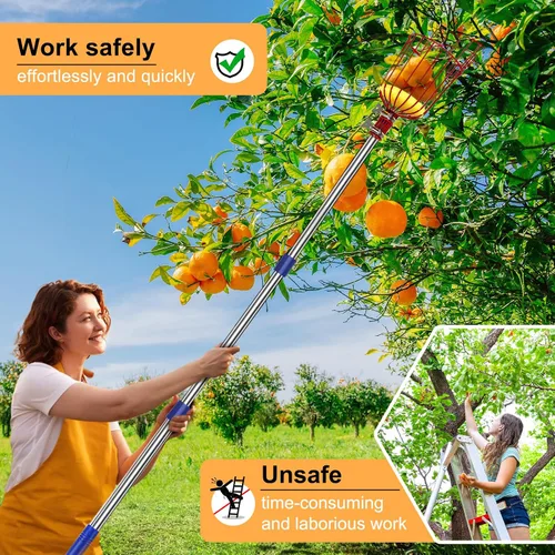 Vista 6 de Herramienta de poste para recoger frutas con cesta anti-caída estable, poste de acero inoxidable de 13 pies para manzana, recolección de mango