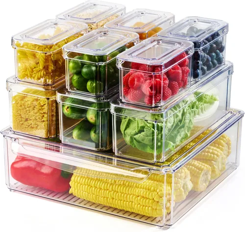 Vista 8 de Luckore - Juego de 4 contenedores organizadores para refrigerador, organizadores transparentes y almacenamiento, apilables con tapas, contenedores