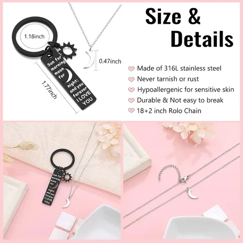 Vista 4 de UNGENT THEM Sun and Moon Matching Couple Keychain and Necklace Set - Valentine's Day Birthday Couples Gifts for Boyfriend Girlfriend Wife Husband