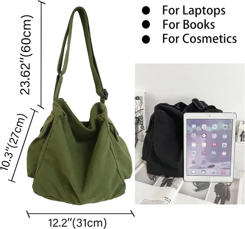 Vista 5 de KlaOYer Bolso bandolera de lona grande tipo hobo para la escuela, bolso bandolera con bolsillo para mujeres y hombres